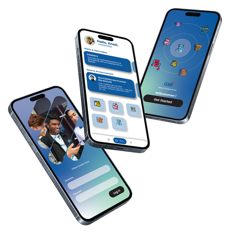 Three GMI eCampus mobile app screens