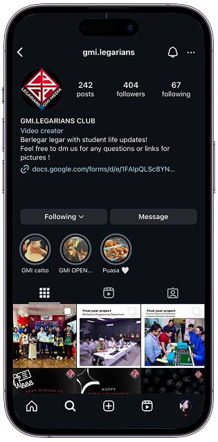 GMI Legarians Instagram profile displayed on a phone
